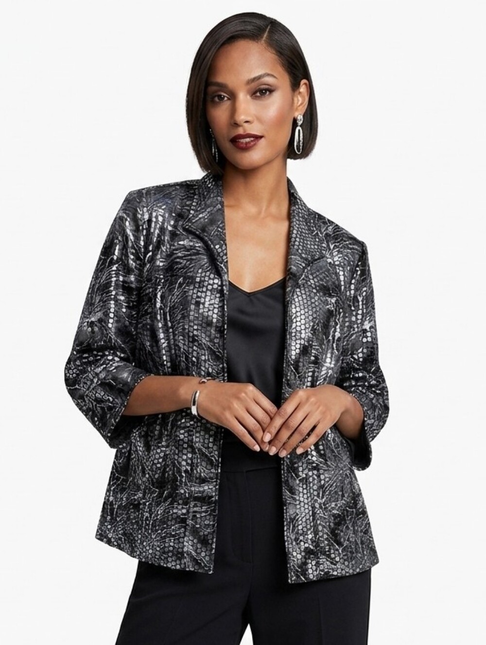 Dress Barn Open Front Jacket Metallic Foil 18/20 Black Gray